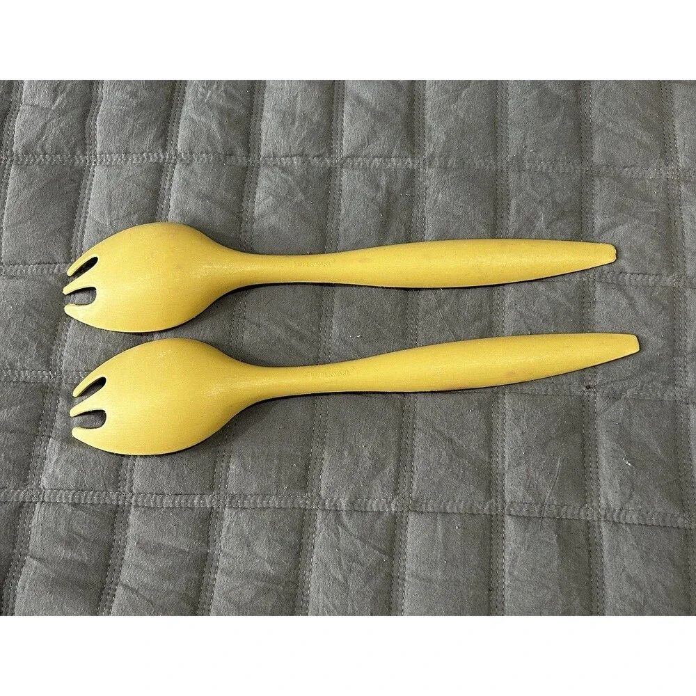 Vintage Tupperware Salad Serving Utensils 12'' Fork Spoon Set of 2 Harvest Gold
